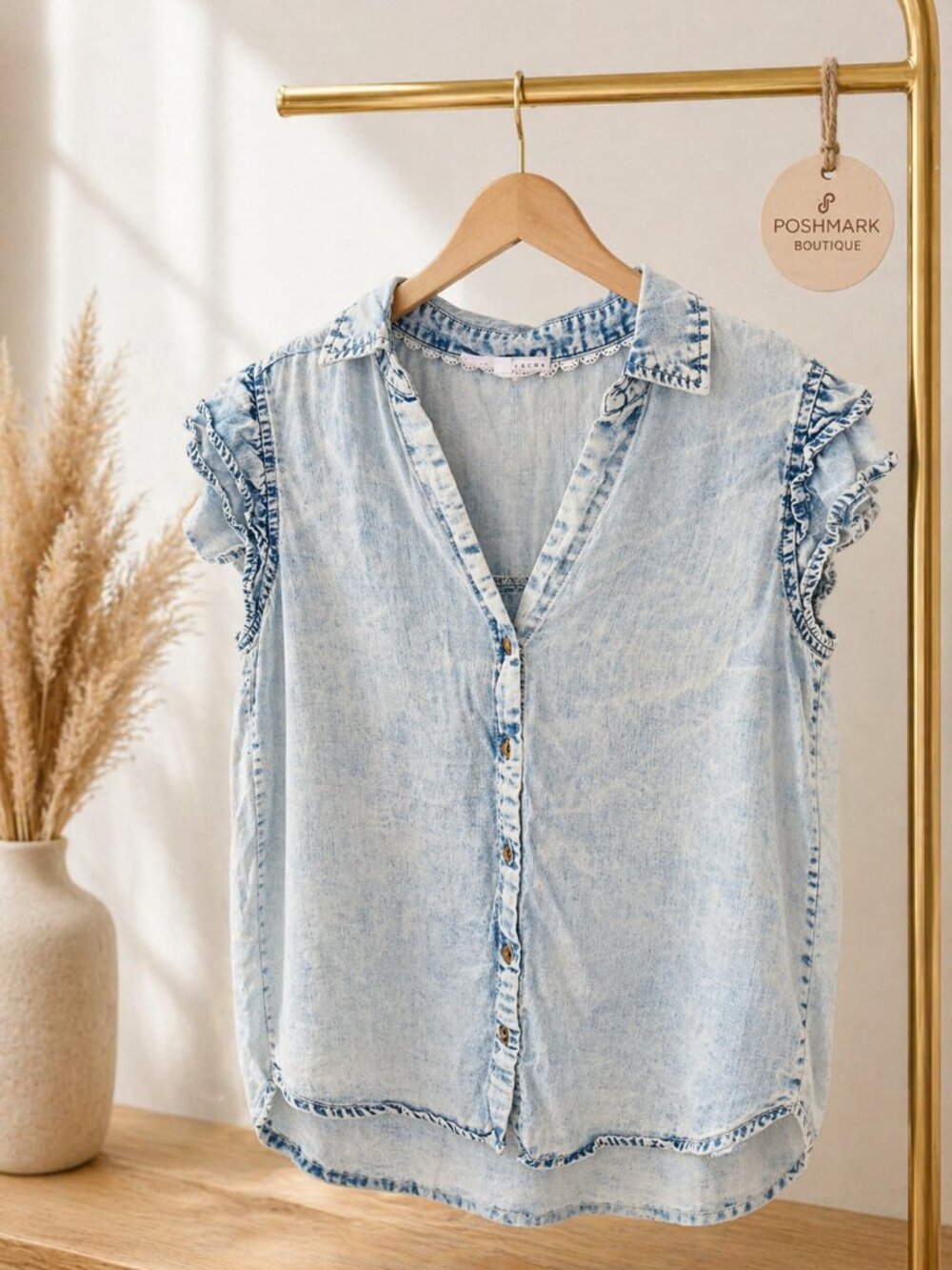 Jane Delancey Light Wash Denim Blouse – Size XS | Ruffle Sleeve Top
